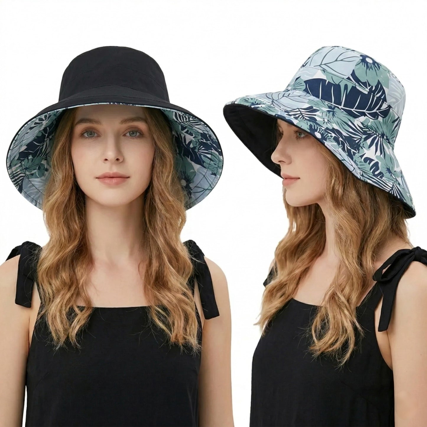 Reversible Floral Bucket Hat Wide Brim Sun Hat UV Protection Beach Travel Cap