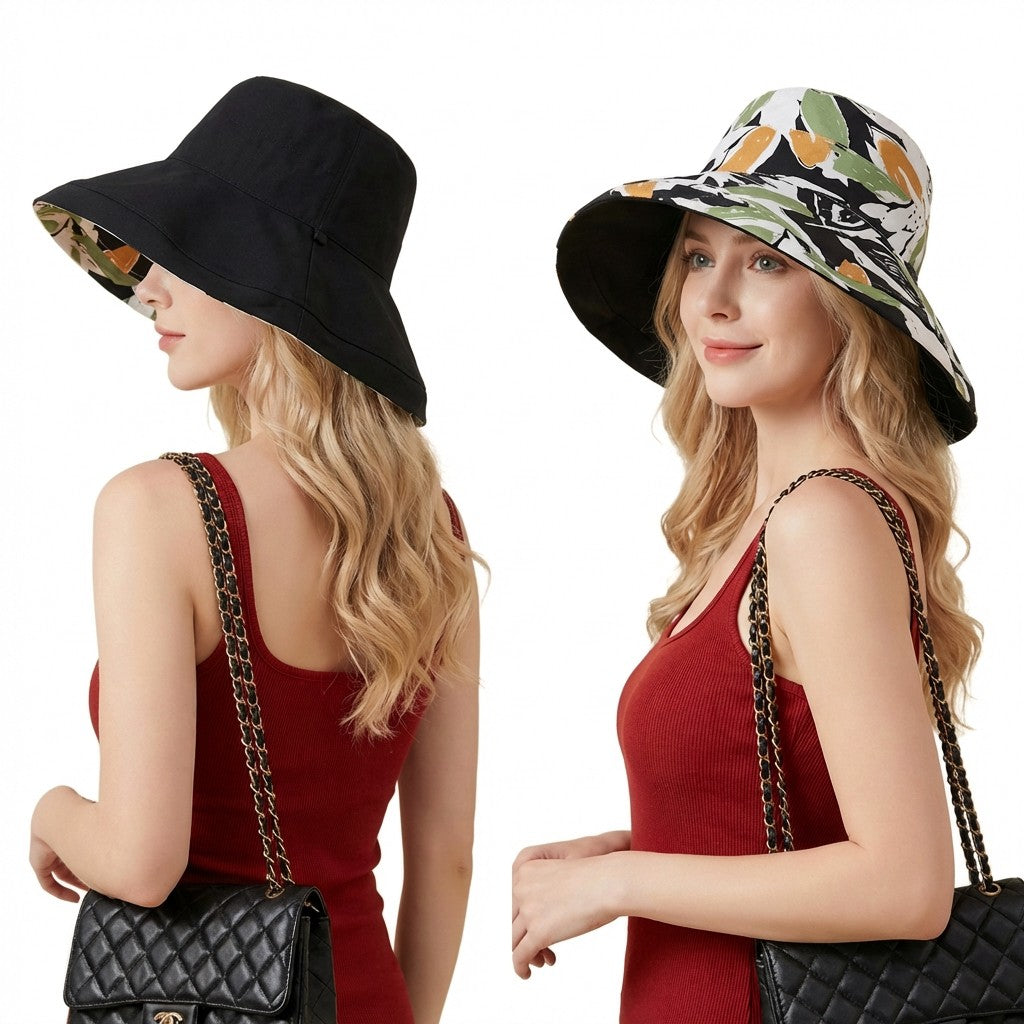 Reversible Floral Bucket Hat Wide Brim Sun Hat UV Protection Beach Travel Cap