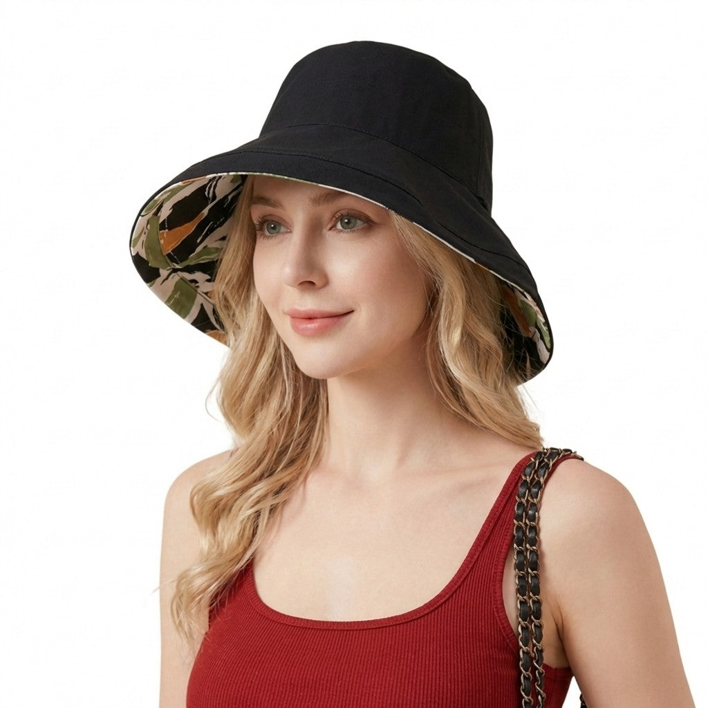 Reversible Floral Bucket Hat Wide Brim Sun Hat UV Protection Beach Travel Cap