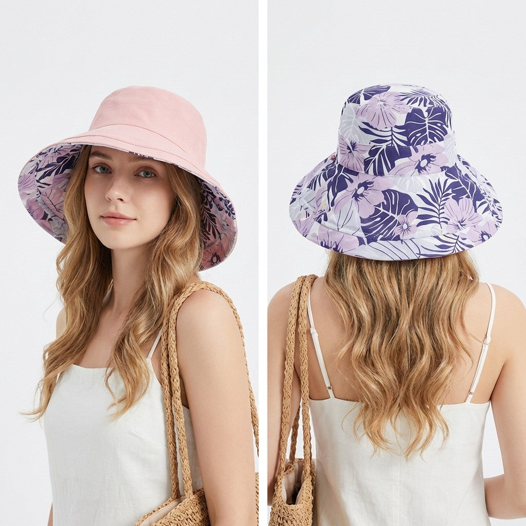 Reversible Floral Bucket Hat Wide Brim Sun Hat UV Protection Beach Travel Cap