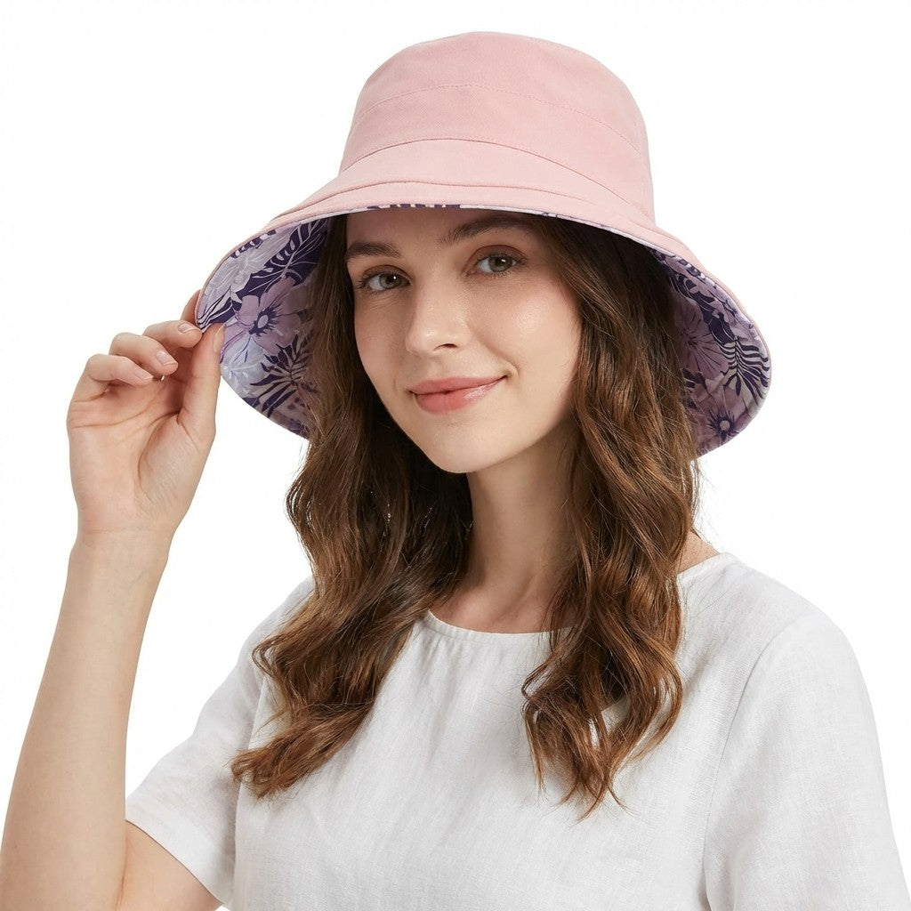 Reversible Floral Bucket Hat Wide Brim Sun Hat UV Protection Beach Travel Cap