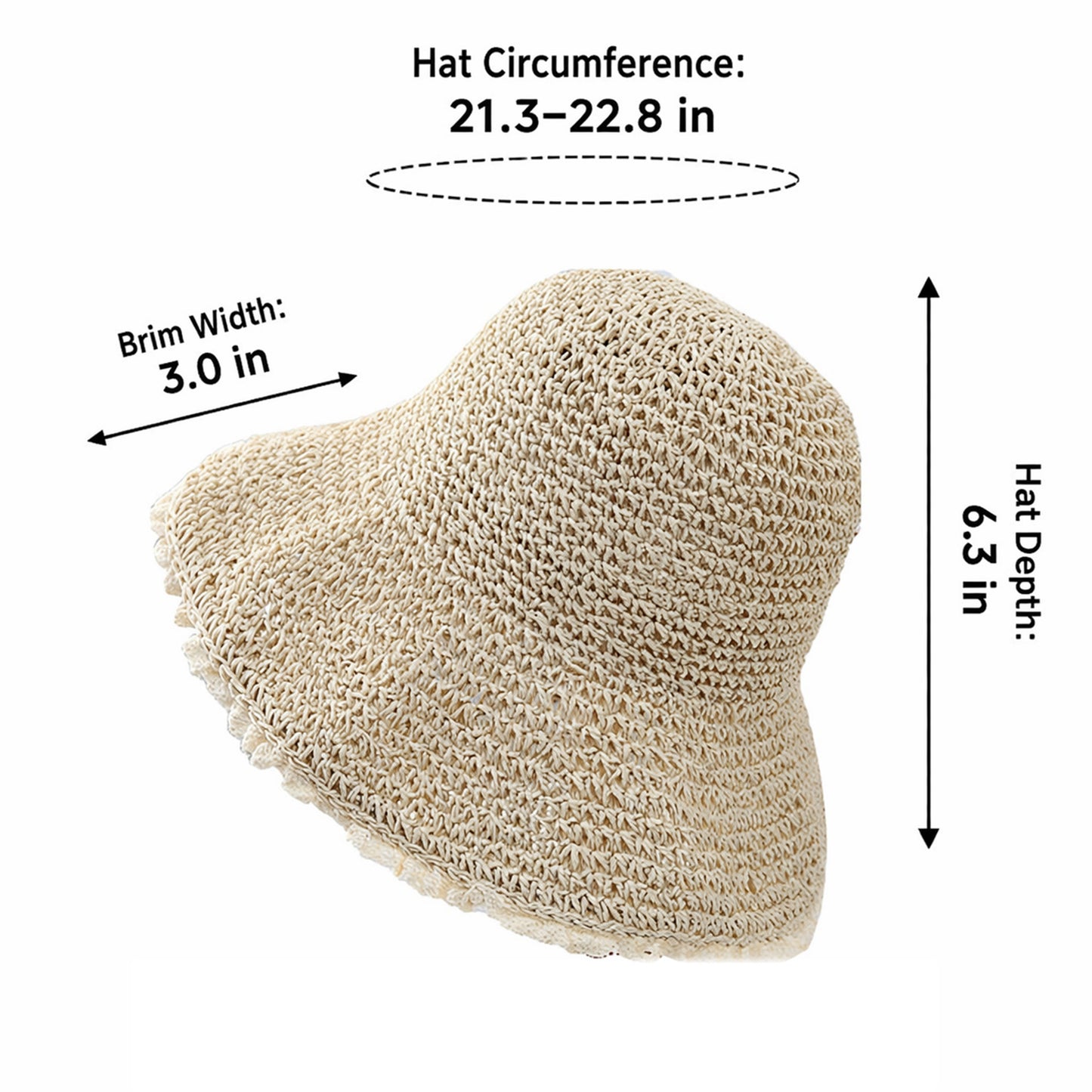 Women Straw Bucket Hat Wide Brim Lightweight Sun Hat with Lace Trim Detail