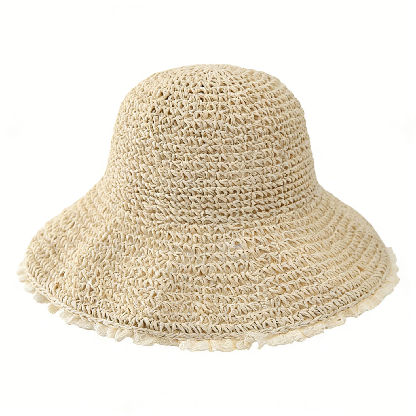 Women Straw Bucket Hat Wide Brim Lightweight Sun Hat with Lace Trim Detail