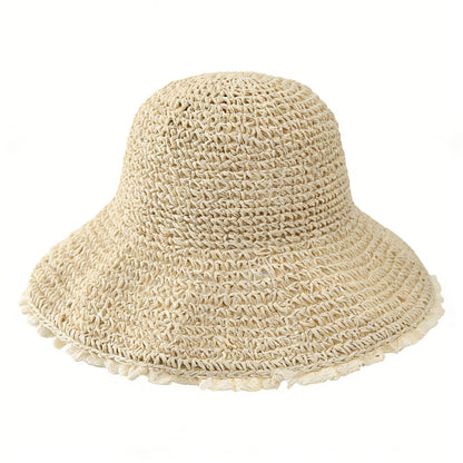Women Straw Bucket Hat Wide Brim Lightweight Sun Hat with Lace Trim Detail