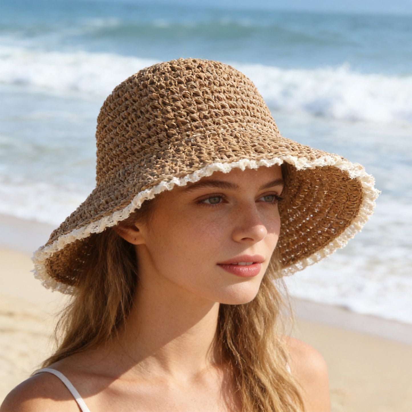 Women Straw Bucket Hat Wide Brim Lightweight Sun Hat with Lace Trim Detail