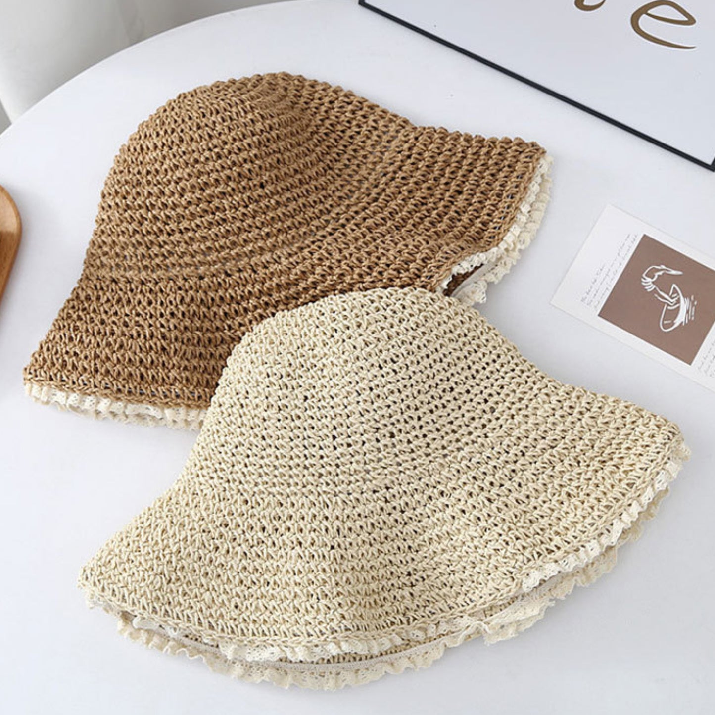 Women Straw Bucket Hat Wide Brim Lightweight Sun Hat with Lace Trim Detail