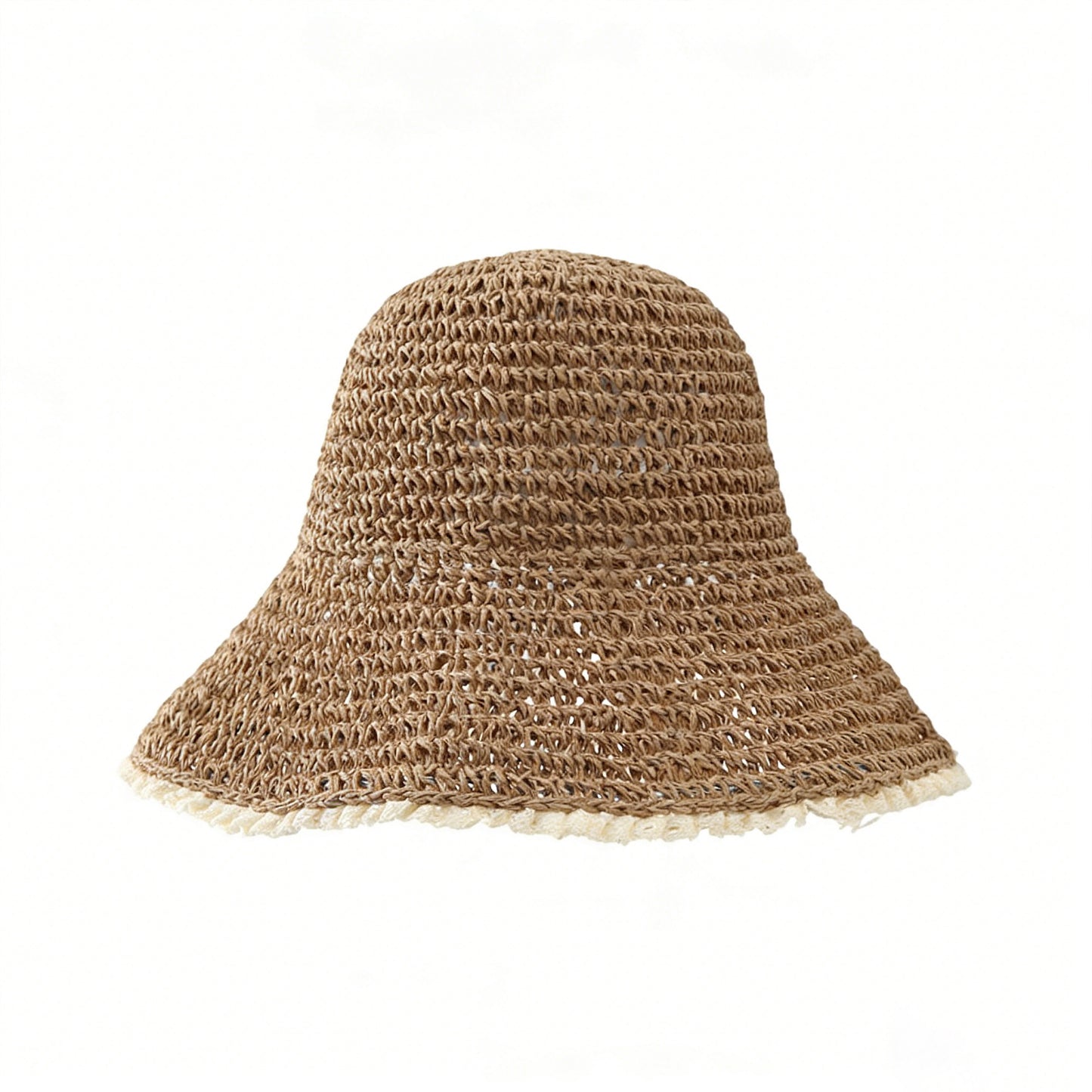 Women Straw Bucket Hat Wide Brim Lightweight Sun Hat with Lace Trim Detail