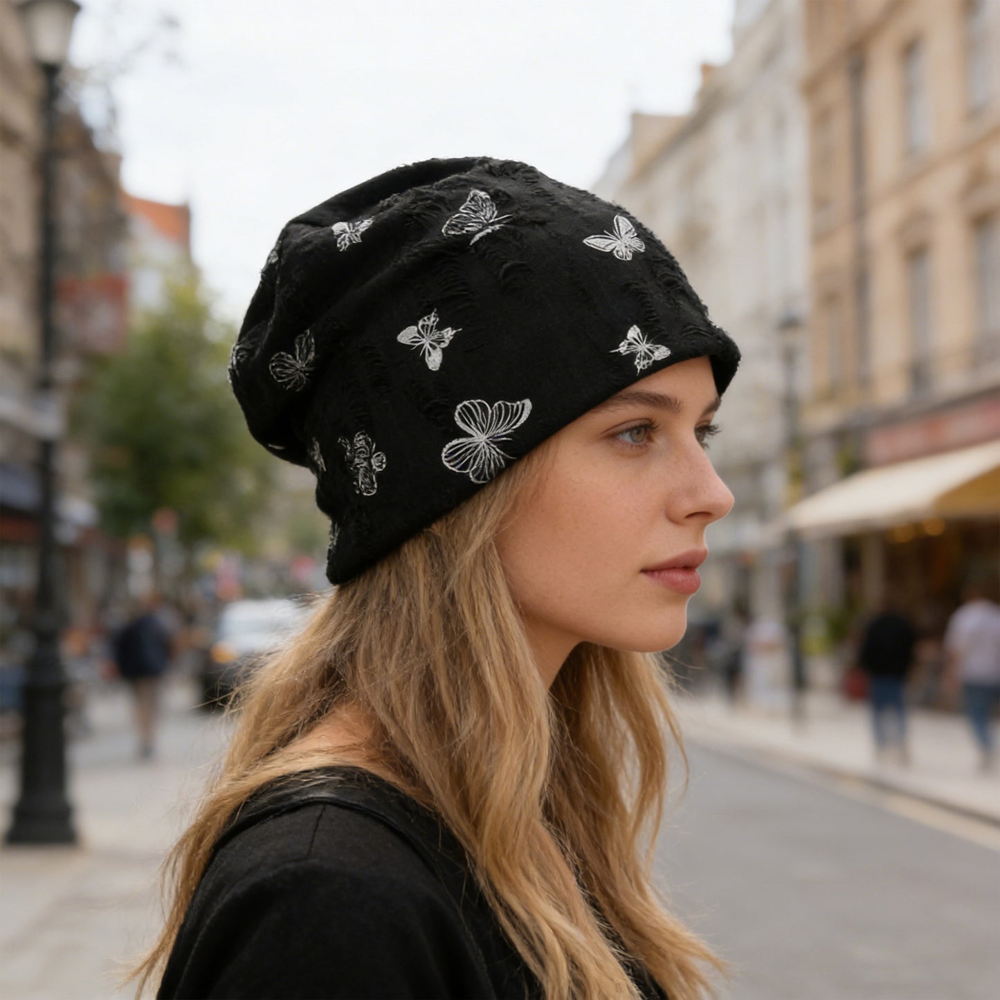 Women Butterfly Embroidery Slouchy Beanie Soft Lightweight Breathable Casual Hat