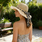 Women Woven Straw Sun Hat Wide Brim Lightweight Hat with Floral Ribbon Tie Detail