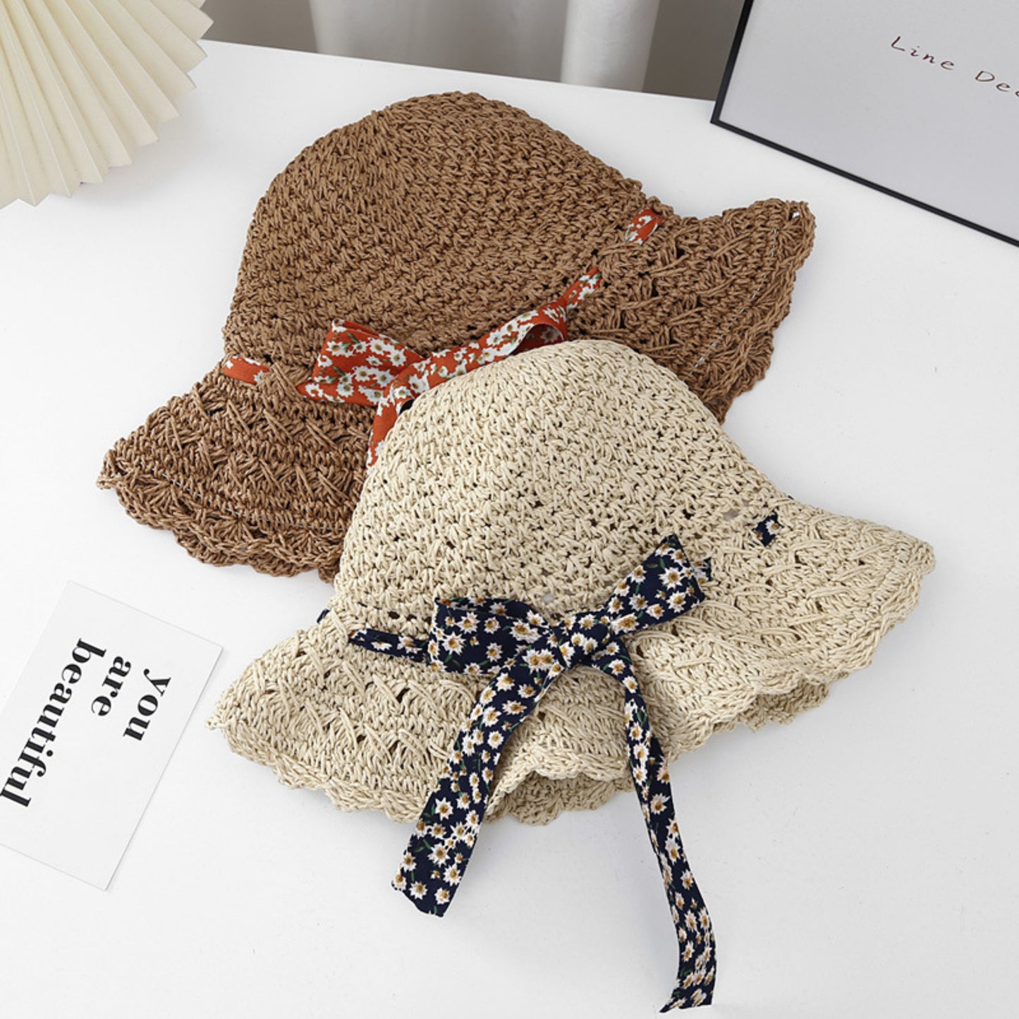 Women Woven Straw Sun Hat Wide Brim Lightweight Hat with Floral Ribbon Tie Detail