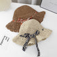 Women Woven Straw Sun Hat Wide Brim Lightweight Hat with Floral Ribbon Tie Detail