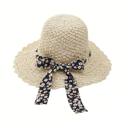 Women Woven Straw Sun Hat Wide Brim Lightweight Hat with Floral Ribbon Tie Detail