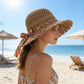 Women Woven Straw Sun Hat Wide Brim Lightweight Hat with Floral Ribbon Tie Detail