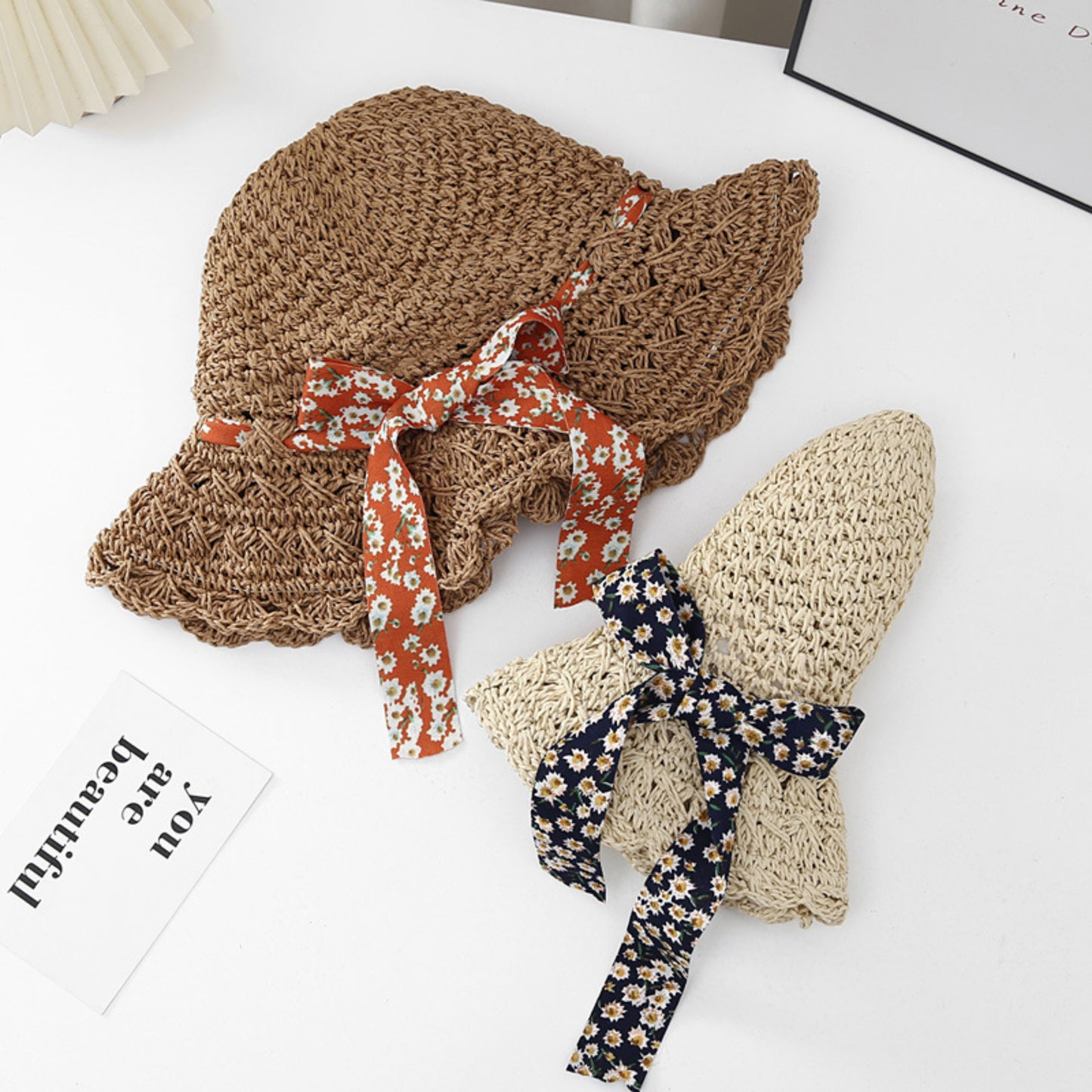 Women Woven Straw Sun Hat Wide Brim Lightweight Hat with Floral Ribbon Tie Detail
