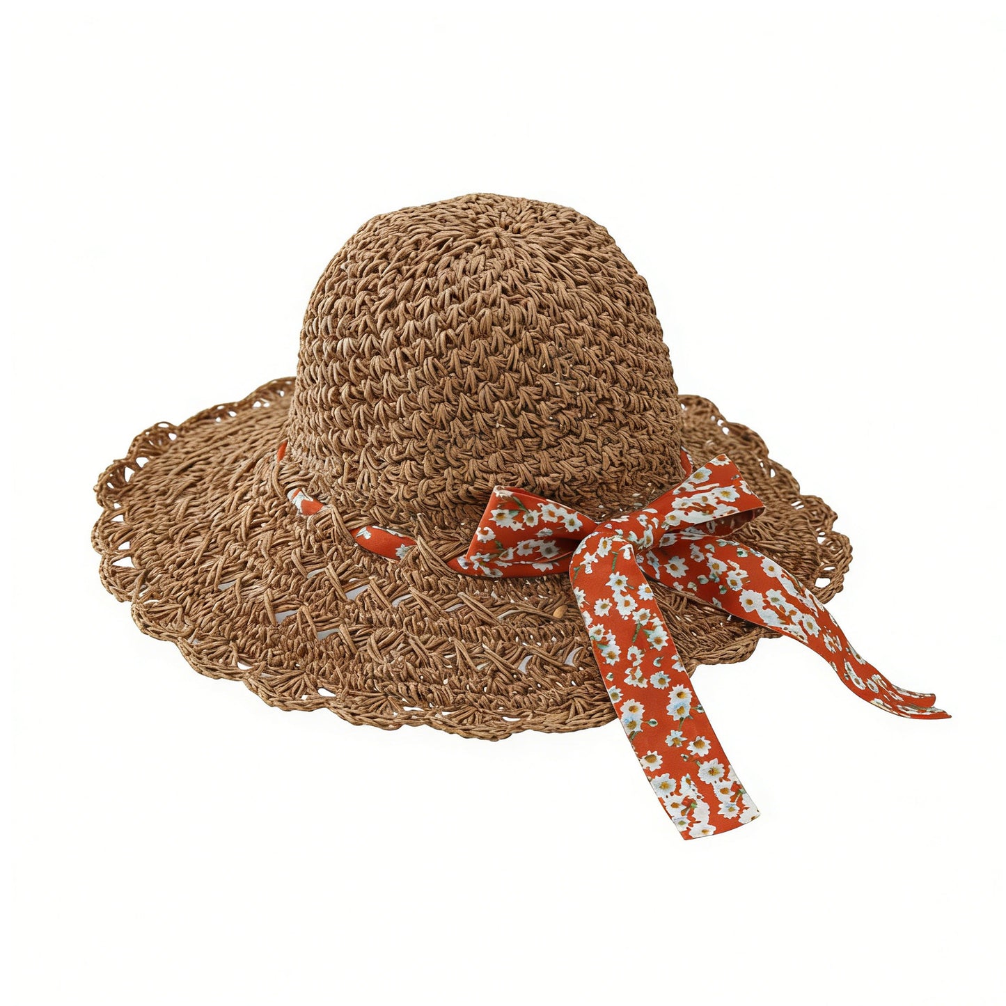 Women Woven Straw Sun Hat Wide Brim Lightweight Hat with Floral Ribbon Tie Detail