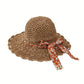 Women Woven Straw Sun Hat Wide Brim Lightweight Hat with Floral Ribbon Tie Detail