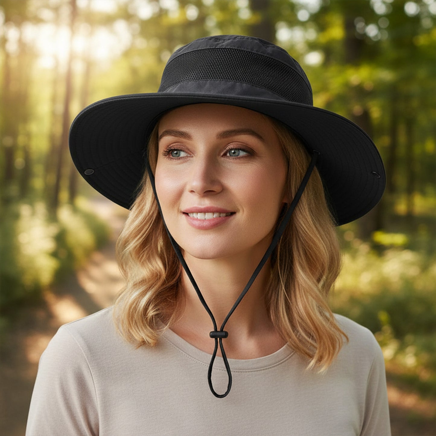 Women Wide Brim Sun Hat with Ponytail Opening Adjustable Chin Strap Breathable Mesh Panel