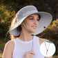 Women Wide Brim Sun Hat with Ponytail Opening Adjustable Chin Strap Breathable Mesh Panel