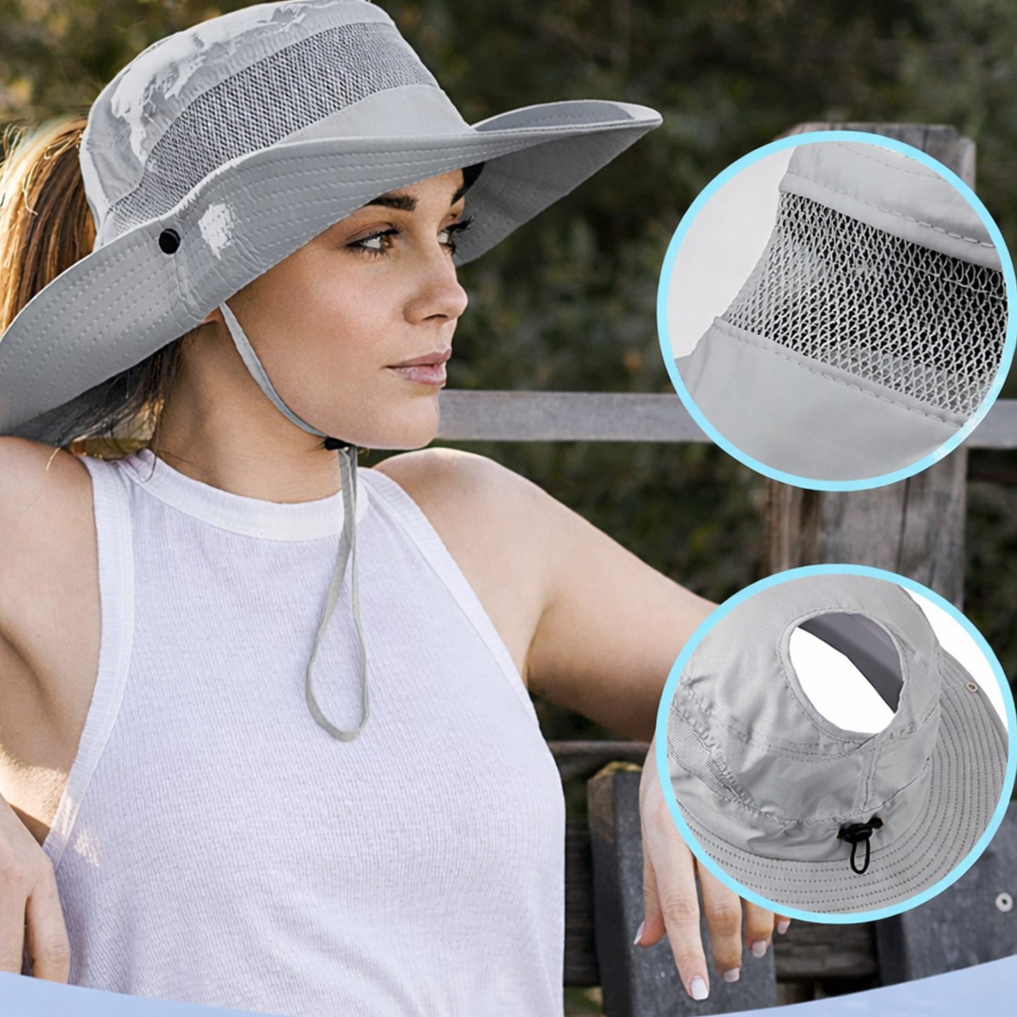 Women Wide Brim Sun Hat with Ponytail Opening Adjustable Chin Strap Breathable Mesh Panel