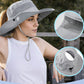 Women Wide Brim Sun Hat with Ponytail Opening Adjustable Chin Strap Breathable Mesh Panel