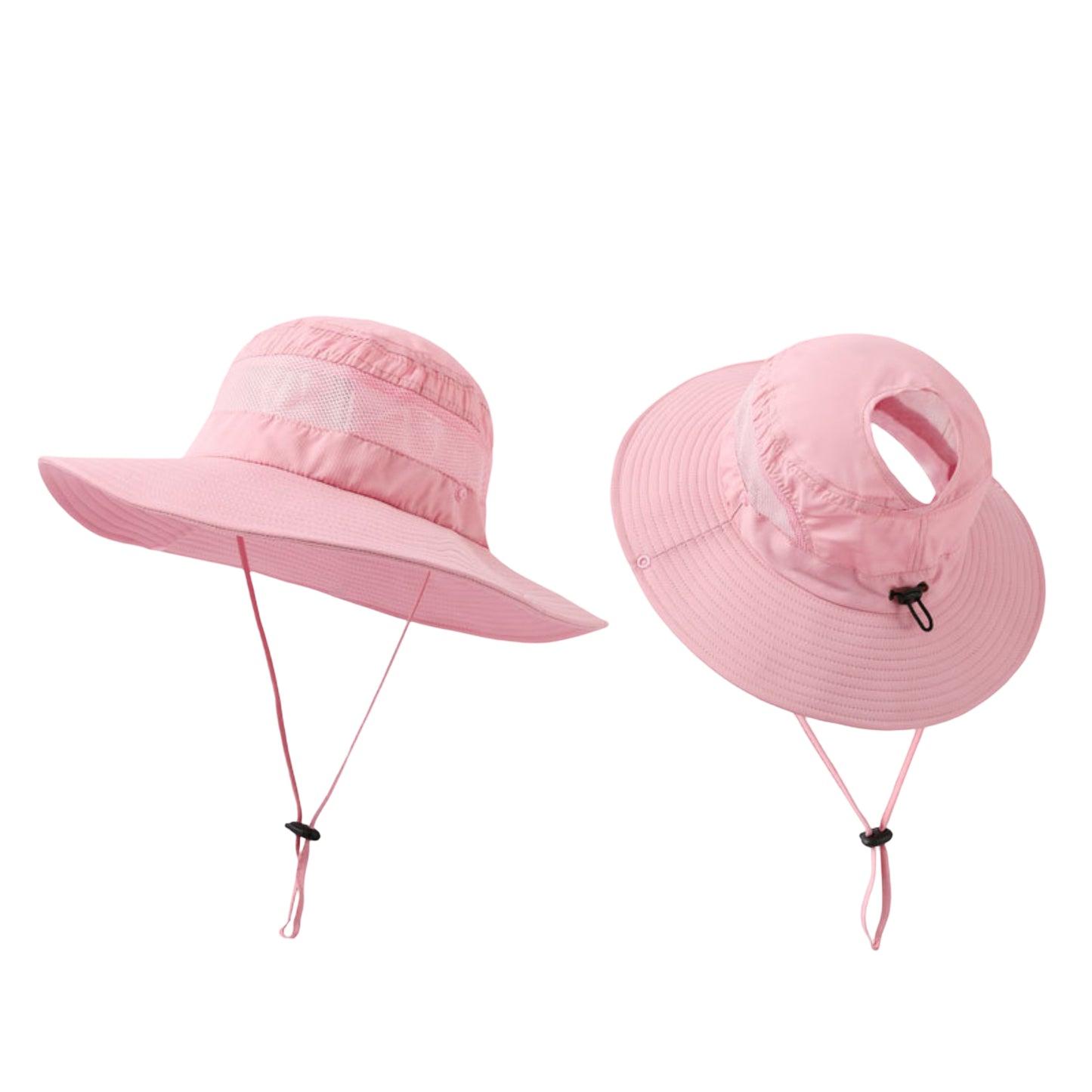 Women Wide Brim Sun Hat with Ponytail Opening Adjustable Chin Strap Breathable Mesh Panel