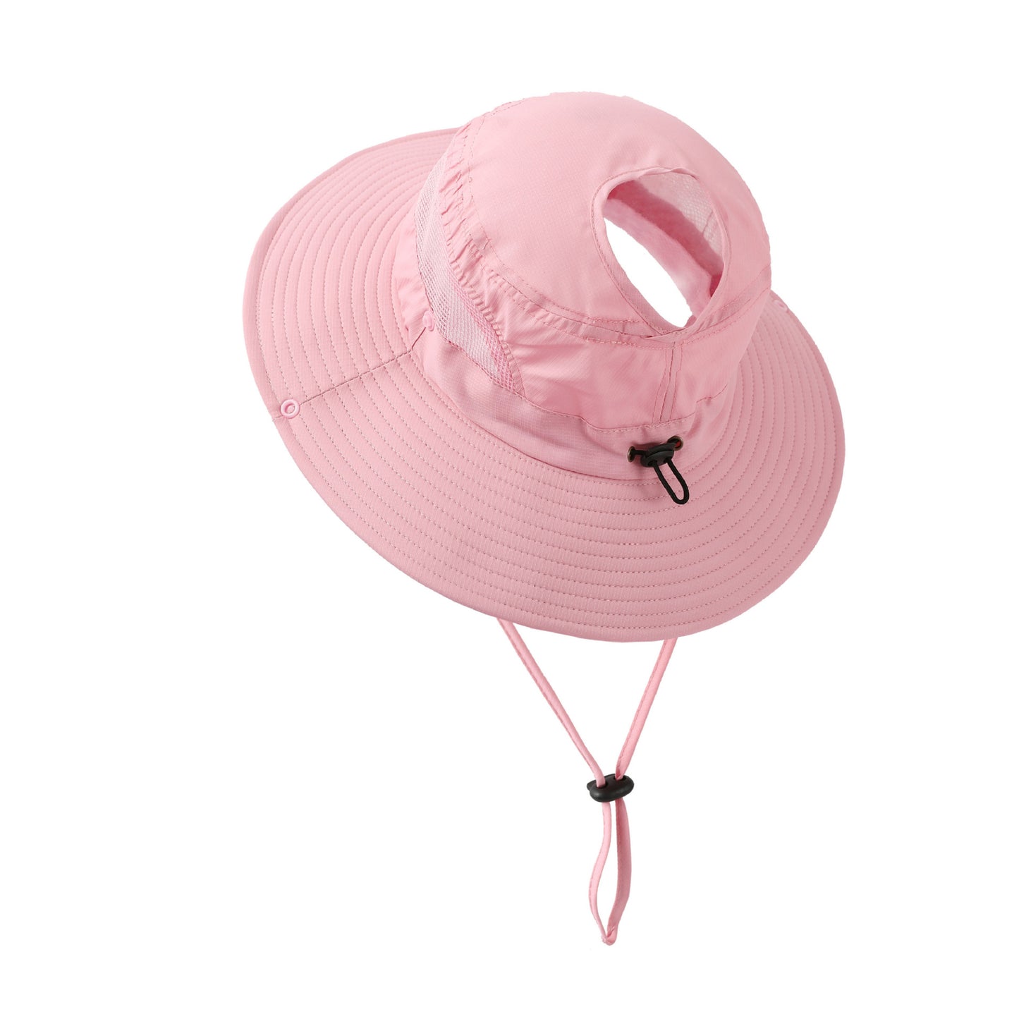 Women Wide Brim Sun Hat with Ponytail Opening Adjustable Chin Strap Breathable Mesh Panel