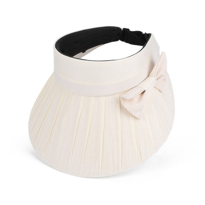 Women Wide Brim Visor Hat Pleated Design Adjustable Back Strap Sun Visor with Bow Detail