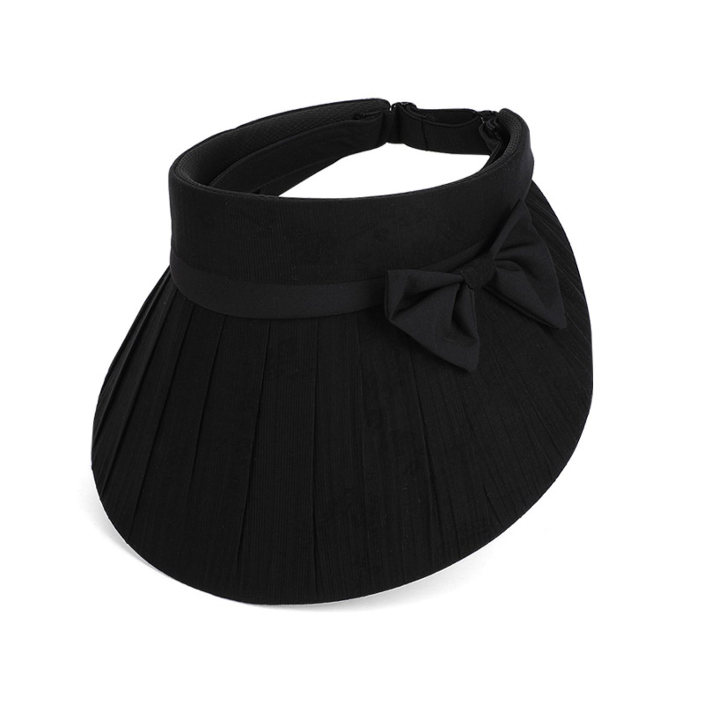Women Wide Brim Visor Hat Pleated Design Adjustable Back Strap Sun Visor with Bow Detail