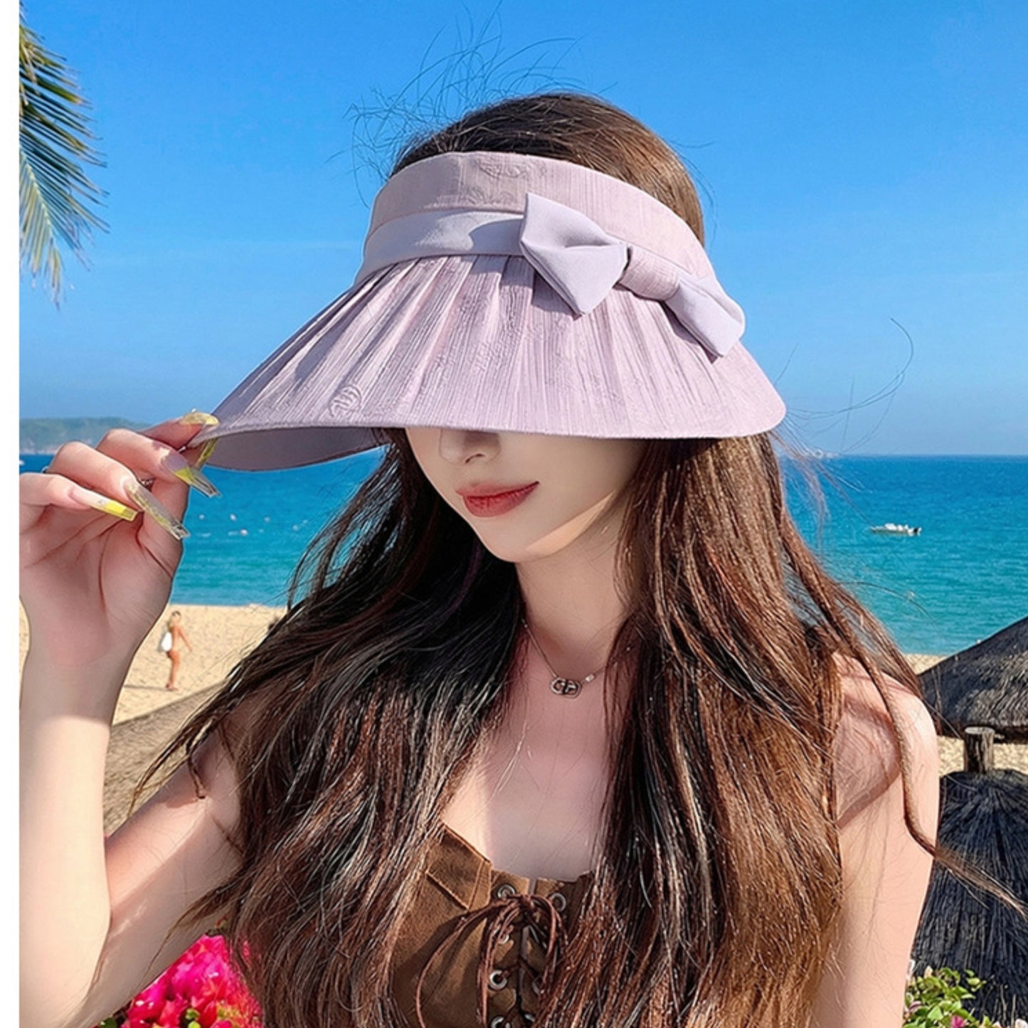 Women Wide Brim Visor Hat Pleated Design Adjustable Back Strap Sun Visor with Bow Detail