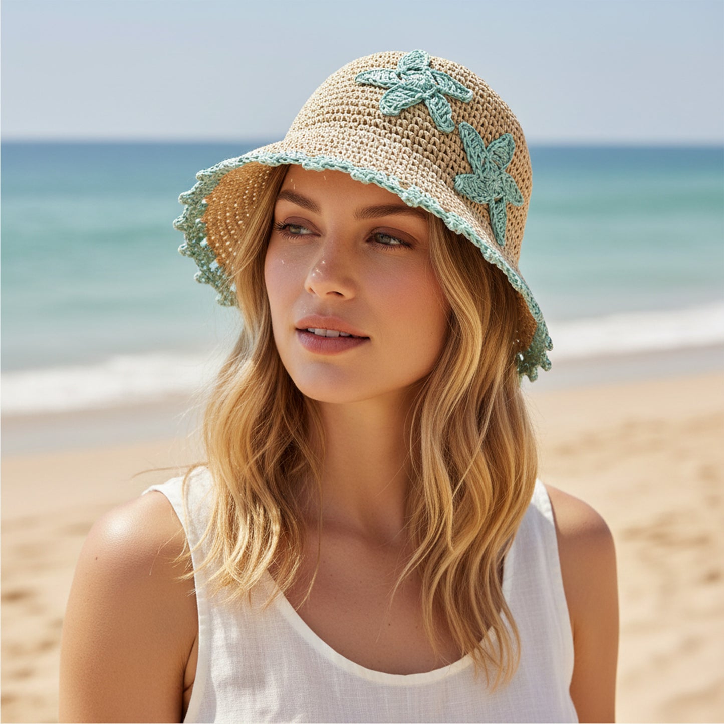 Women Woven Straw Bucket Hat Wide Brim Lightweight Sun Hat with Floral Applique Detail