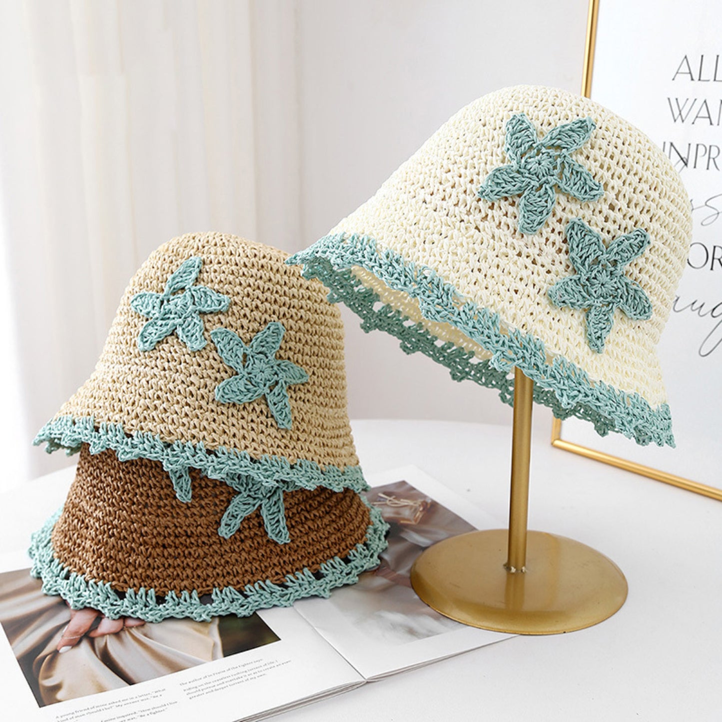 Women Woven Straw Bucket Hat Wide Brim Lightweight Sun Hat with Floral Applique Detail