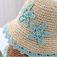 Women Woven Straw Bucket Hat Wide Brim Lightweight Sun Hat with Floral Applique Detail