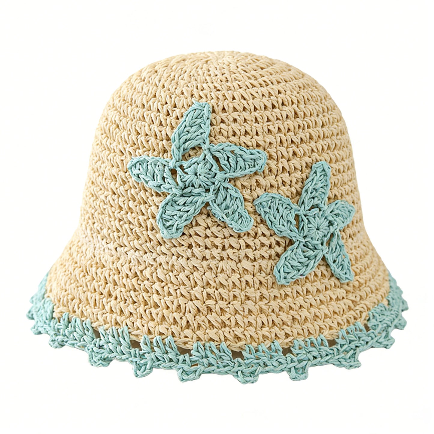 Women Woven Straw Bucket Hat Wide Brim Lightweight Sun Hat with Floral Applique Detail