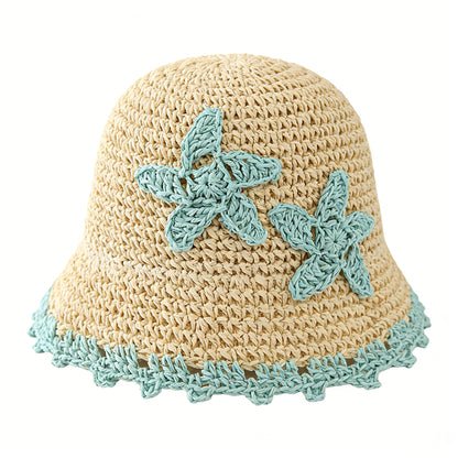 Women Woven Straw Bucket Hat Wide Brim Lightweight Sun Hat with Floral Applique Detail
