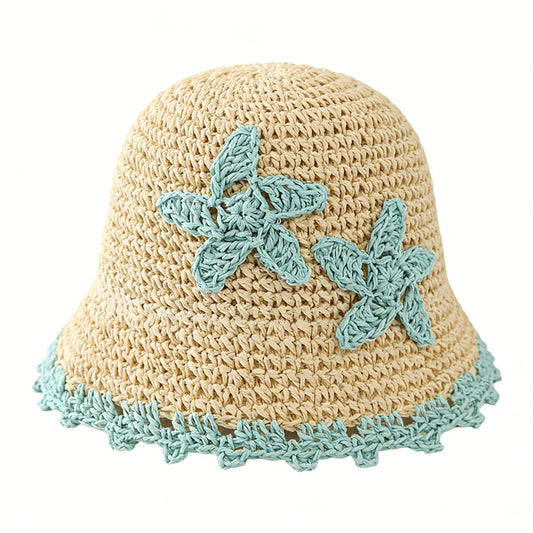 Women Woven Straw Bucket Hat Wide Brim Lightweight Sun Hat with Floral Applique Detail