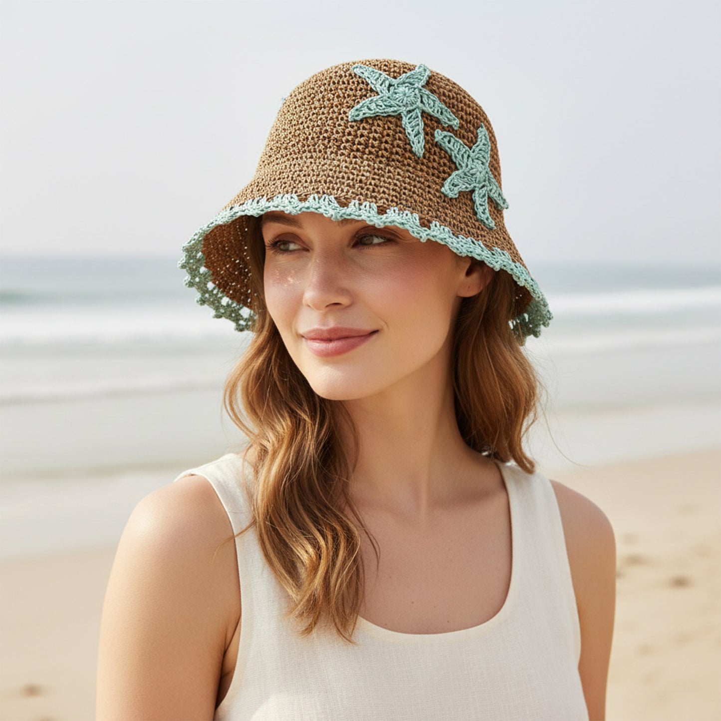 Women Woven Straw Bucket Hat Wide Brim Lightweight Sun Hat with Floral Applique Detail