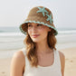 Women Woven Straw Bucket Hat Wide Brim Lightweight Sun Hat with Floral Applique Detail
