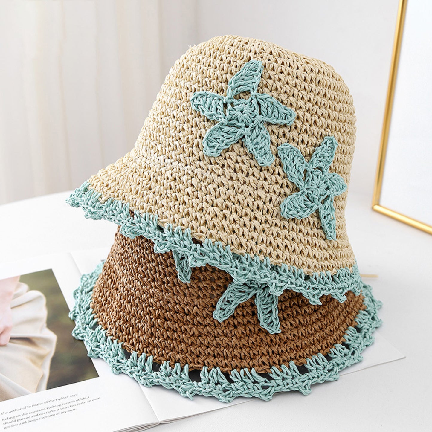 Women Woven Straw Bucket Hat Wide Brim Lightweight Sun Hat with Floral Applique Detail