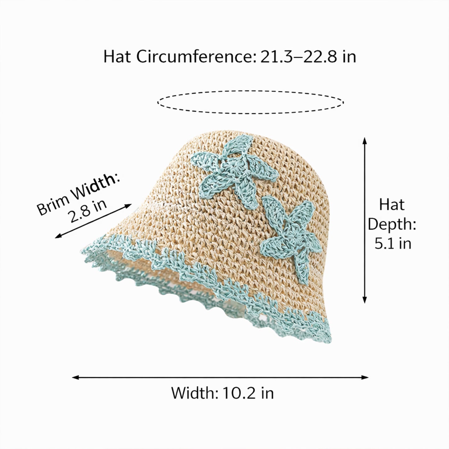 Women Woven Straw Bucket Hat Wide Brim Lightweight Sun Hat with Floral Applique Detail