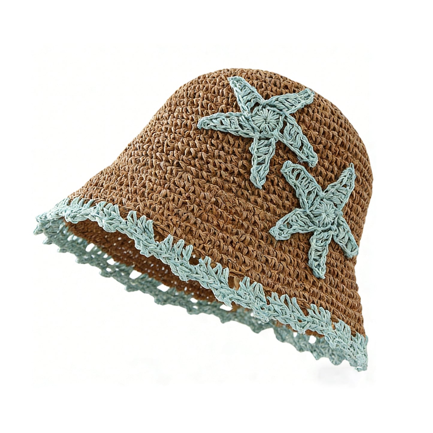 Women Woven Straw Bucket Hat Wide Brim Lightweight Sun Hat with Floral Applique Detail