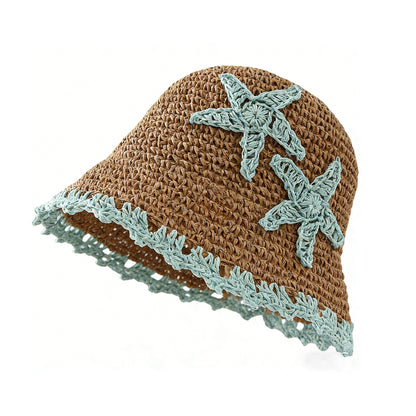 Women Woven Straw Bucket Hat Wide Brim Lightweight Sun Hat with Floral Applique Detail