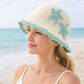 Women Woven Straw Bucket Hat Wide Brim Lightweight Sun Hat with Floral Applique Detail