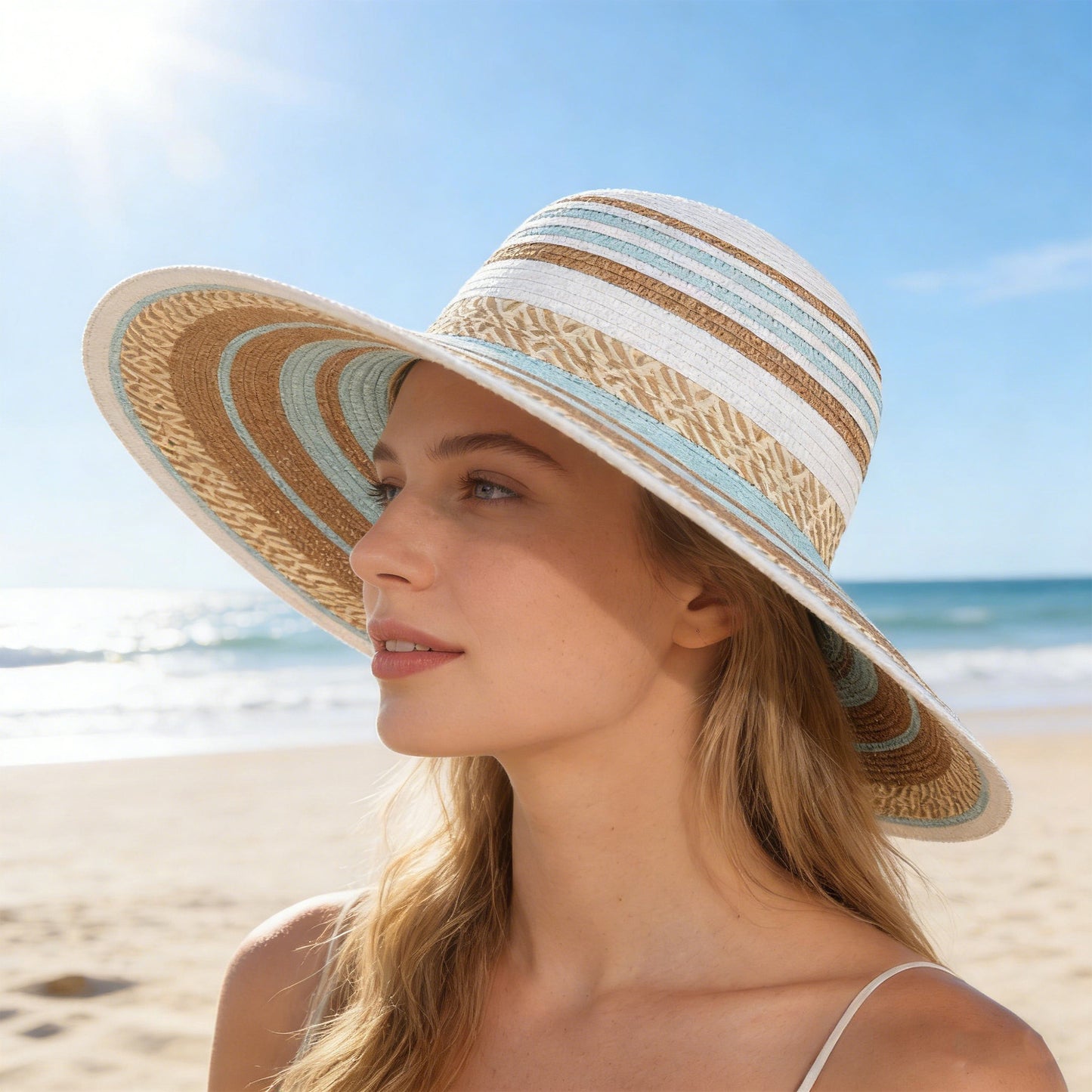 Women Wide Brim Sun Hat Striped Woven Design Lightweight Summer Hat Classic Floppy Style