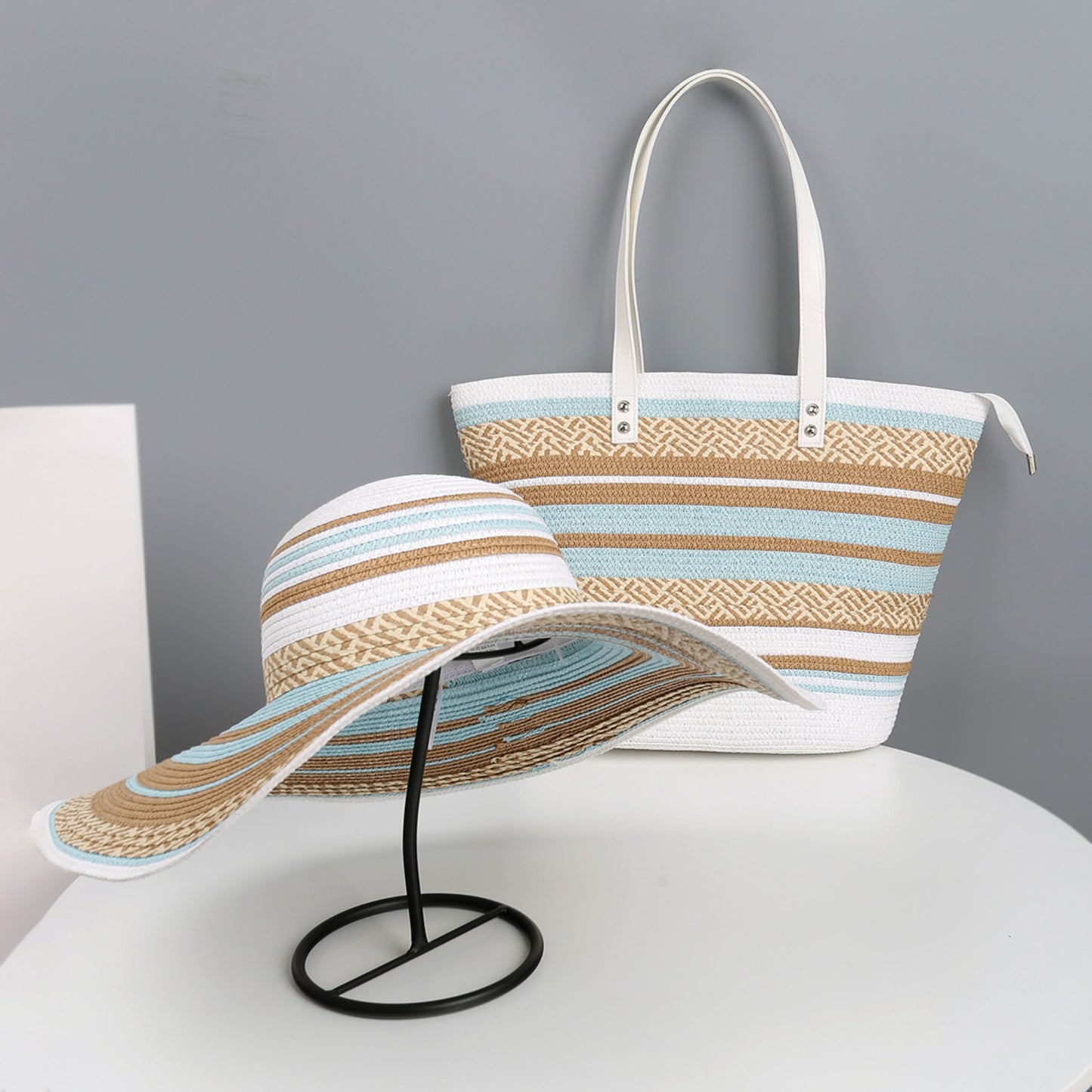 Women Wide Brim Sun Hat Striped Woven Design Lightweight Summer Hat Classic Floppy Style