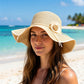 Women Wide Brim Sun Hat with Floral Accent Adjustable Fit Elegant Summer Beach Hat