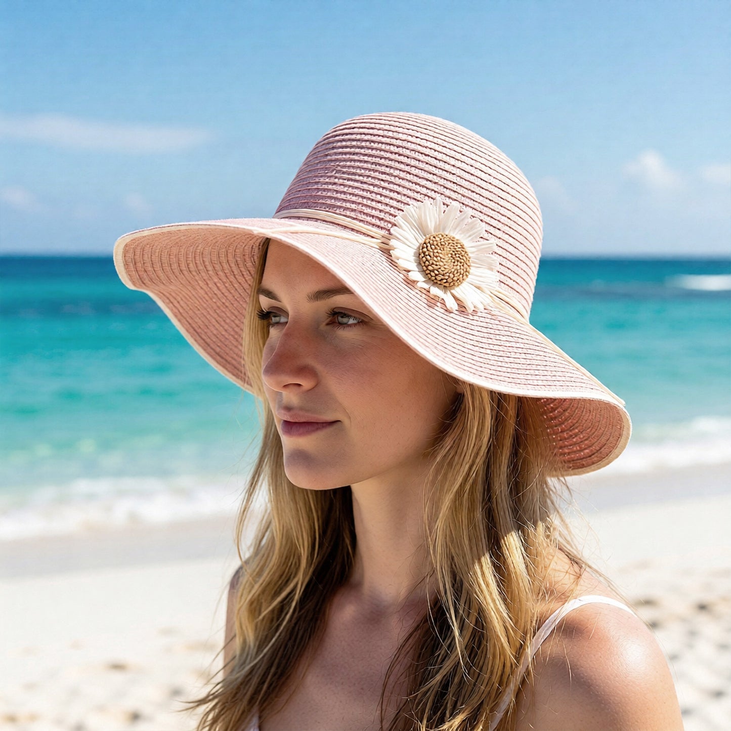 Women Wide Brim Sun Hat with Floral Accent Adjustable Fit Elegant Summer Beach Hat