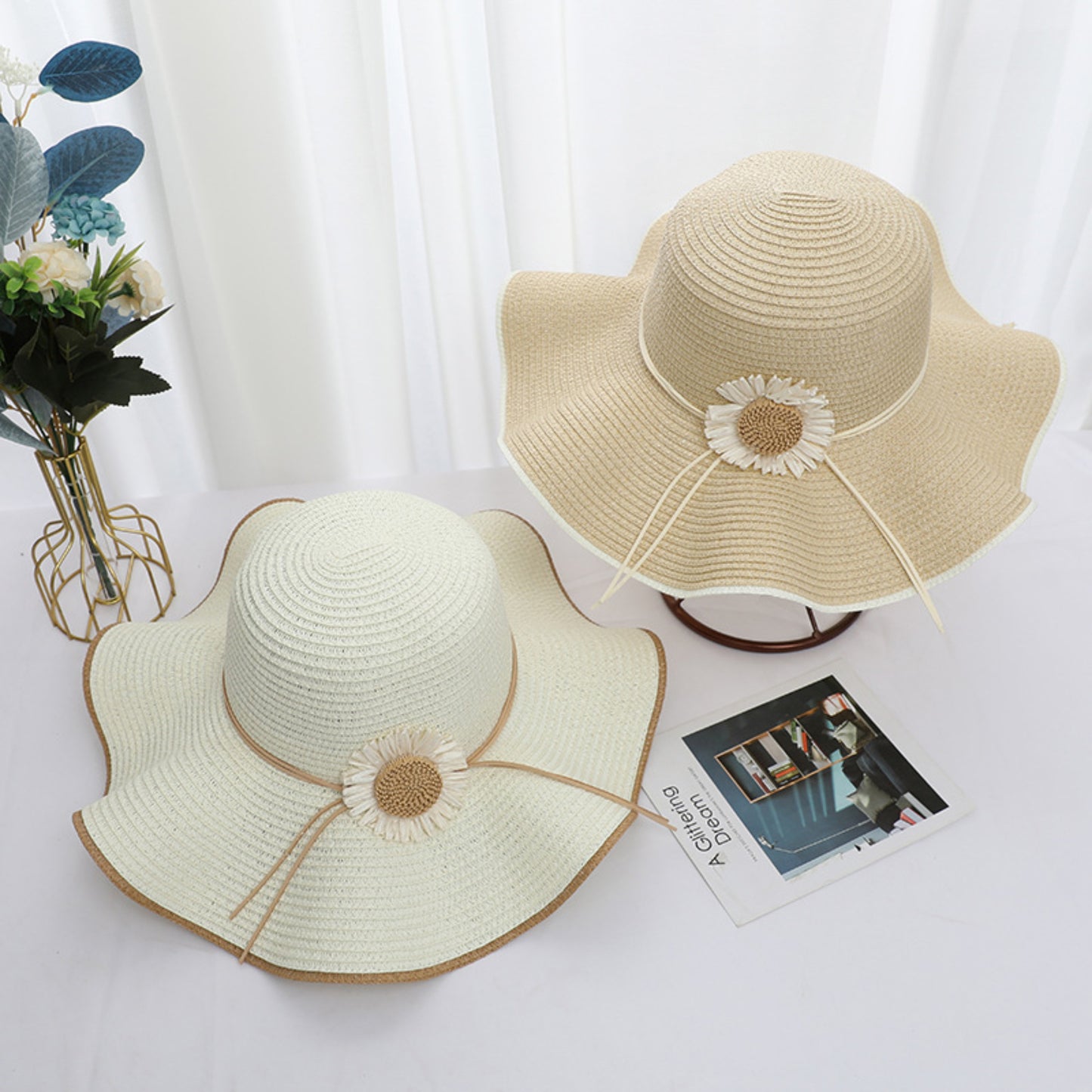 Women Wide Brim Sun Hat with Floral Accent Adjustable Fit Elegant Summer Beach Hat