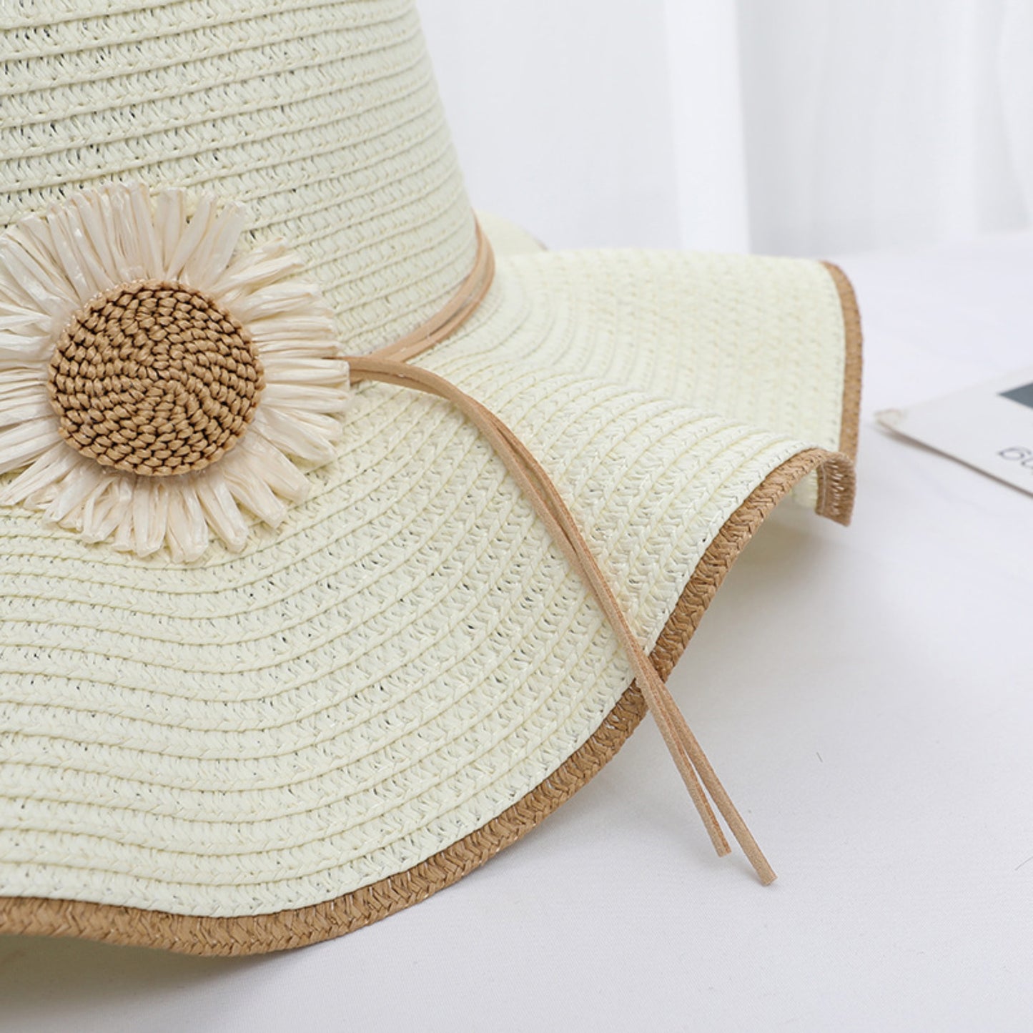 Women Wide Brim Sun Hat with Floral Accent Adjustable Fit Elegant Summer Beach Hat