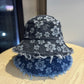 Women Floral Bucket Hat Distressed Edge Casual Denim Style Sun Hat
