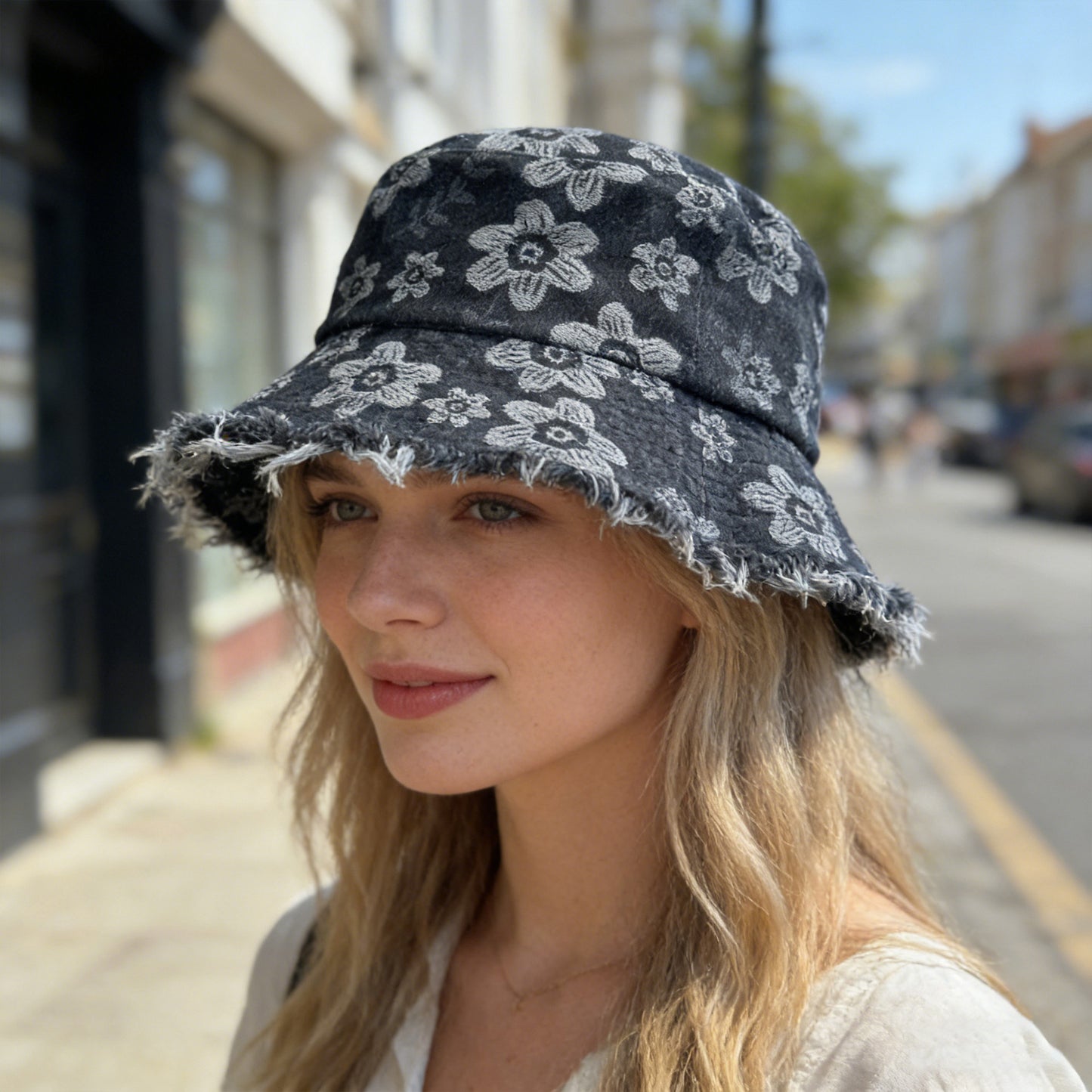 Women Floral Bucket Hat Distressed Edge Casual Denim Style Sun Hat